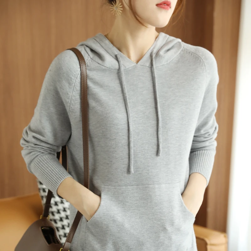 

Fall Drop Shoulder Sleeves Loose Stretch Sweater Women's Knit Soft Top Hooded Pullover Spun Wool Belt Pocket Winter Bottoming