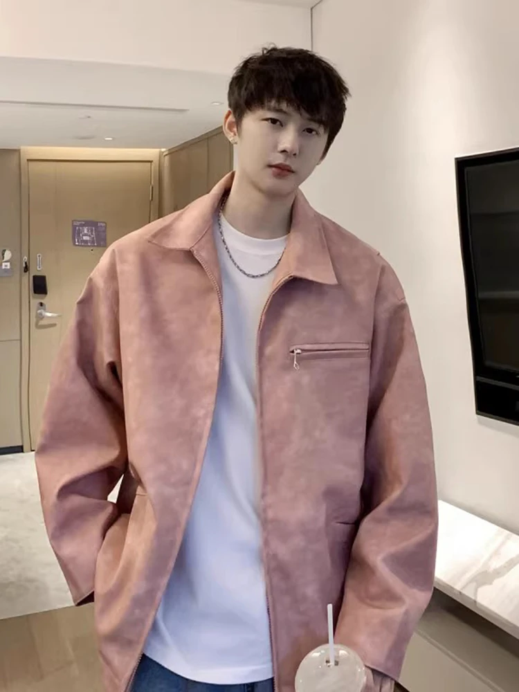 

Розовая кожаная куртка мужская демисезонная, премиум-класса, с крутым воротником, в стиле мотоциклетной одежды, американская ретро-куртка из искусственной кожи