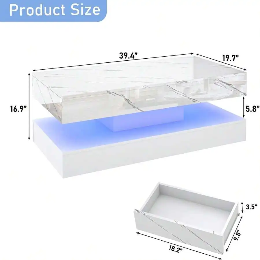 39/47inch Large High-Glossy LED Coffee Table With 2 Sliding Drawers, Living Room Storage Tables With Marbling Print, Modern Styl