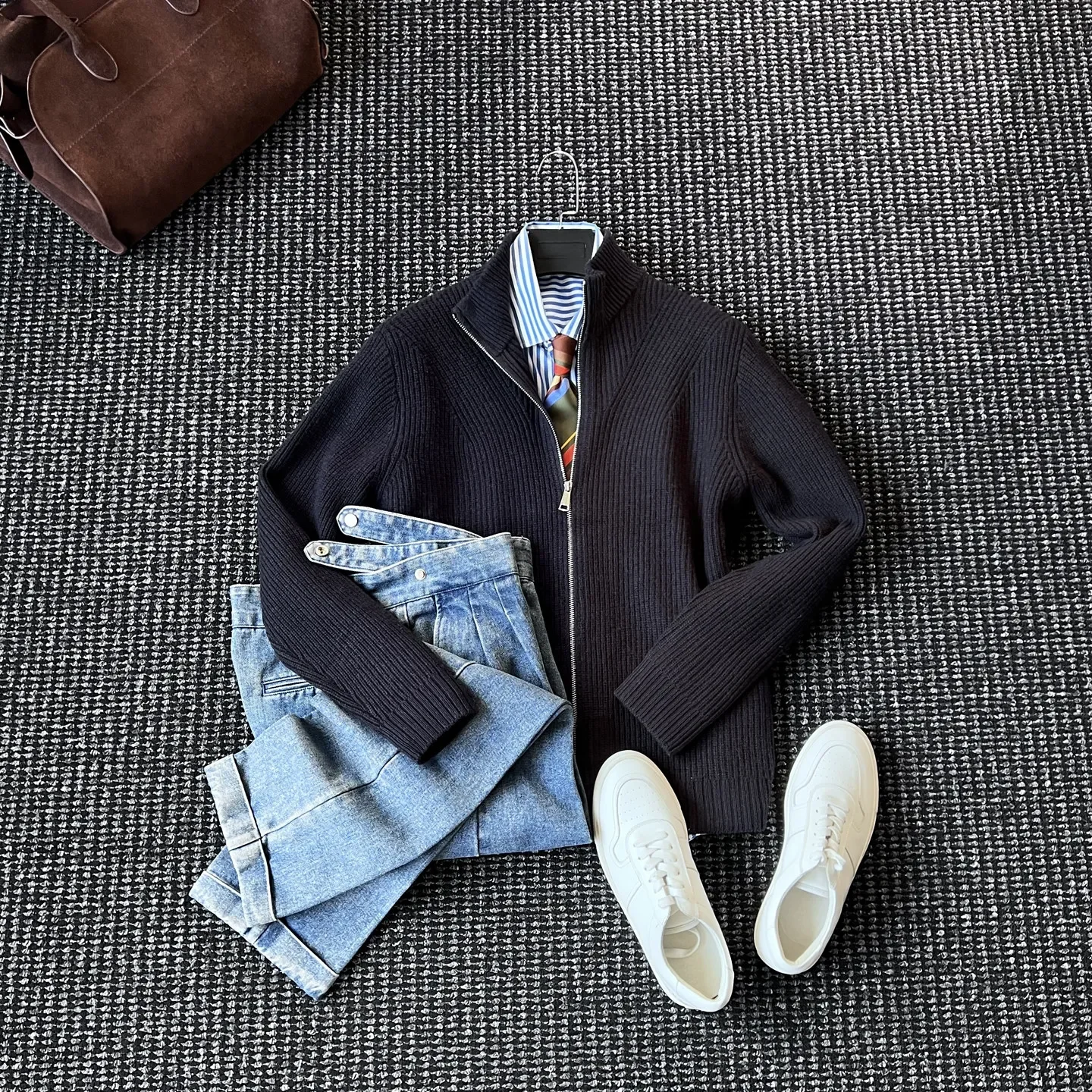 Winter thick old money wind knitted sweater jacket men's design aesthetics light luxury 100% wool