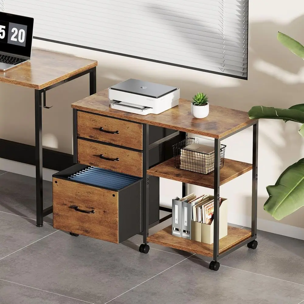 Rustic Brown Rolling 3-Drawer File Cabinet with Printer Stand and Open Shelf for Home Office