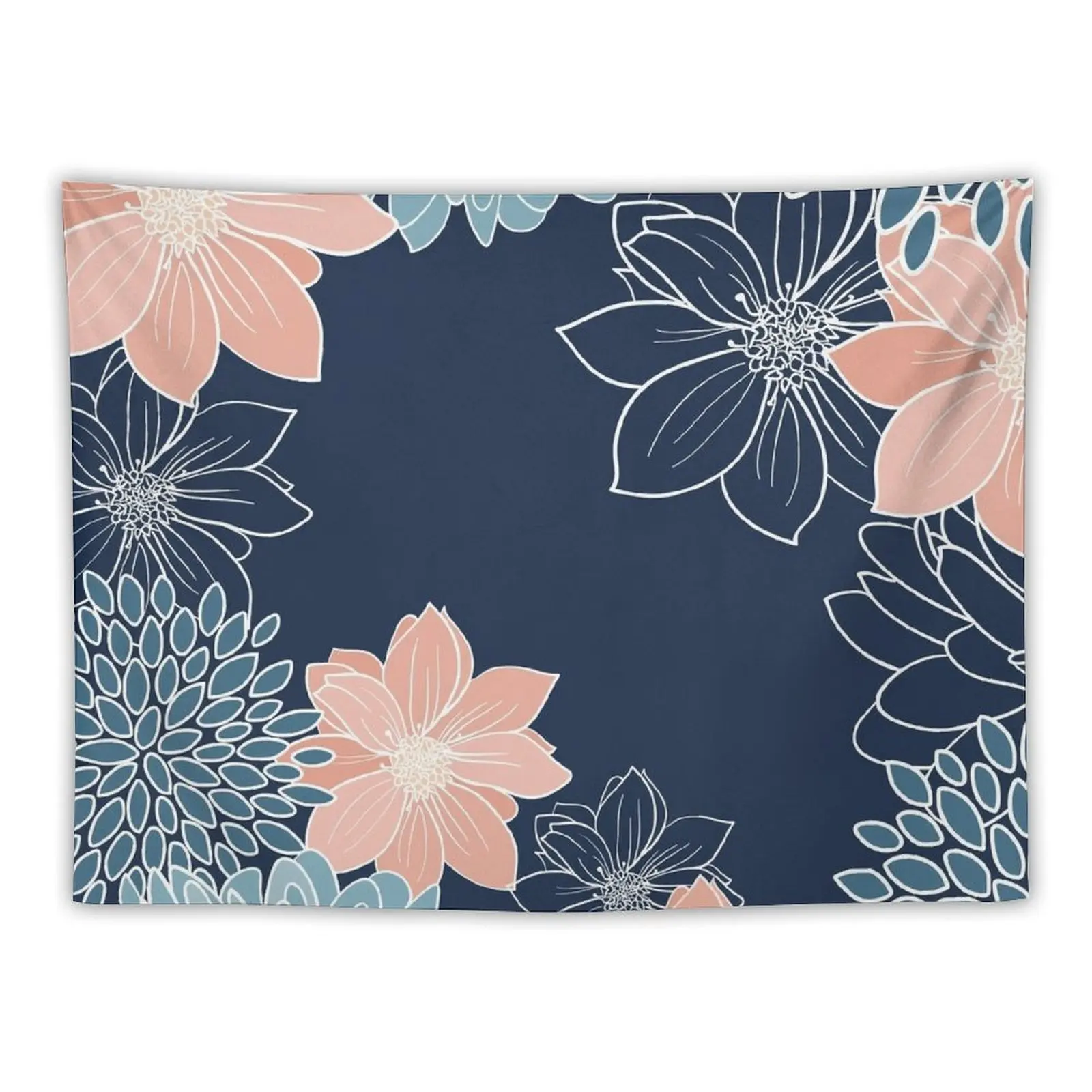 

Floral Prints and Line Art, Navy Blue, Coral and Teal Tapestry Carpet On The Wall Room Decoration Aesthetic Tapestry