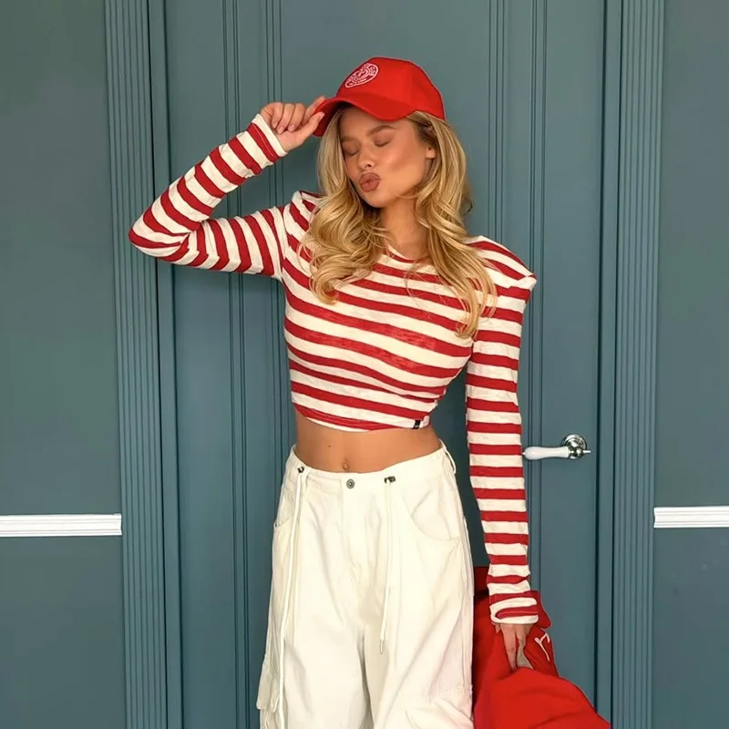 Y2K Tops Womens Autumn Striped Padded Shoulder Long Sleeve T Shirts Slim Fit Waist Cinched Cropped Tops Fashion Casual Short Tee