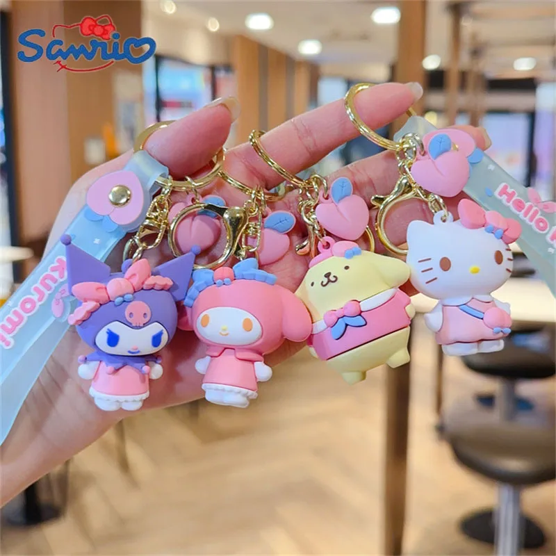 Kawaii Sanrio Hello Kitty Kuromi Keychain My Melody Pompom Purin Pendant Keyring Anime Children Toys Keychains Christmas Gifts