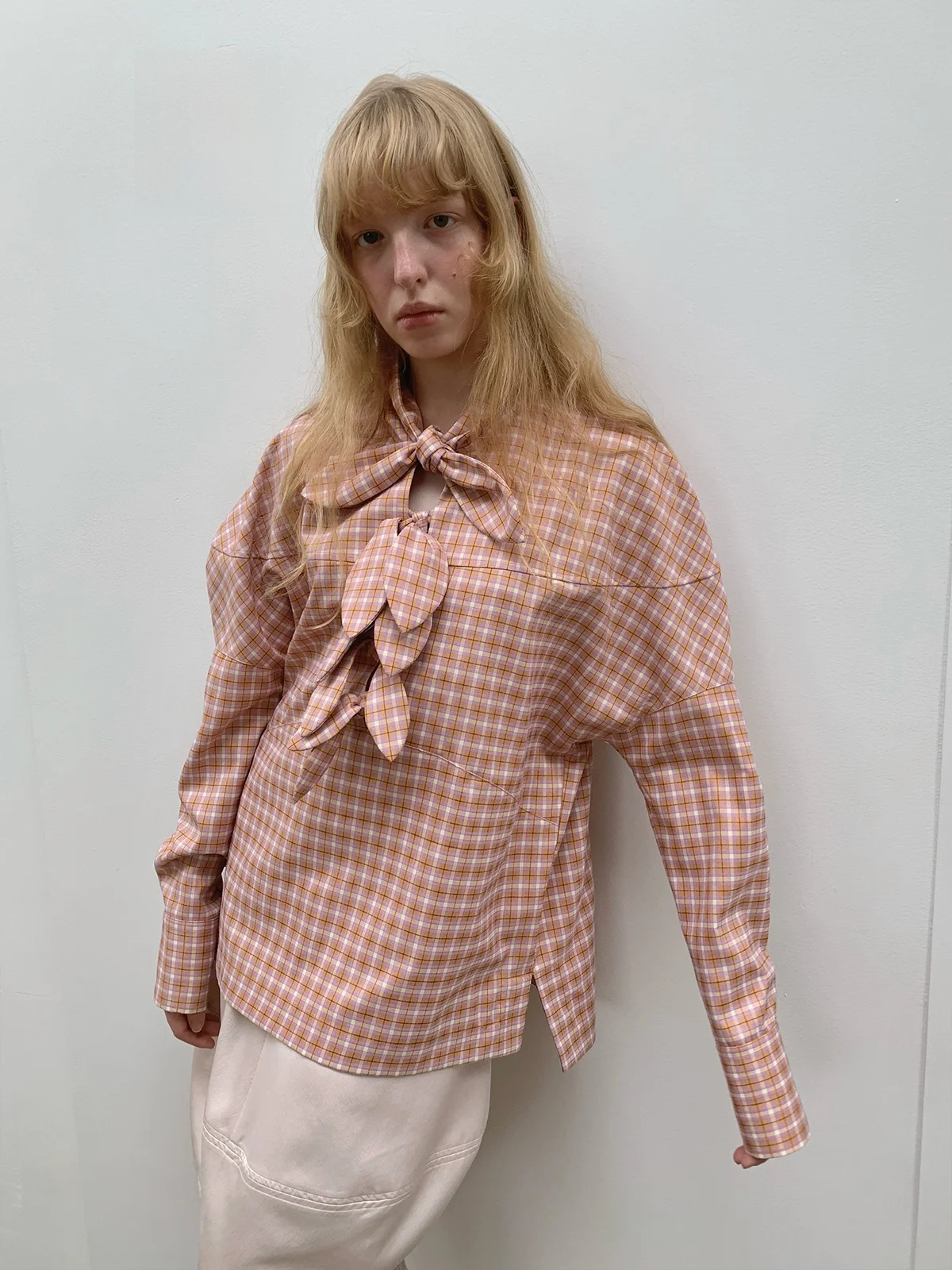 

SA Orange Plaid irt with Knot Rabbit Ear ape Long Sve Overhead Casual Loose Fit Polyester Blend Women's S...