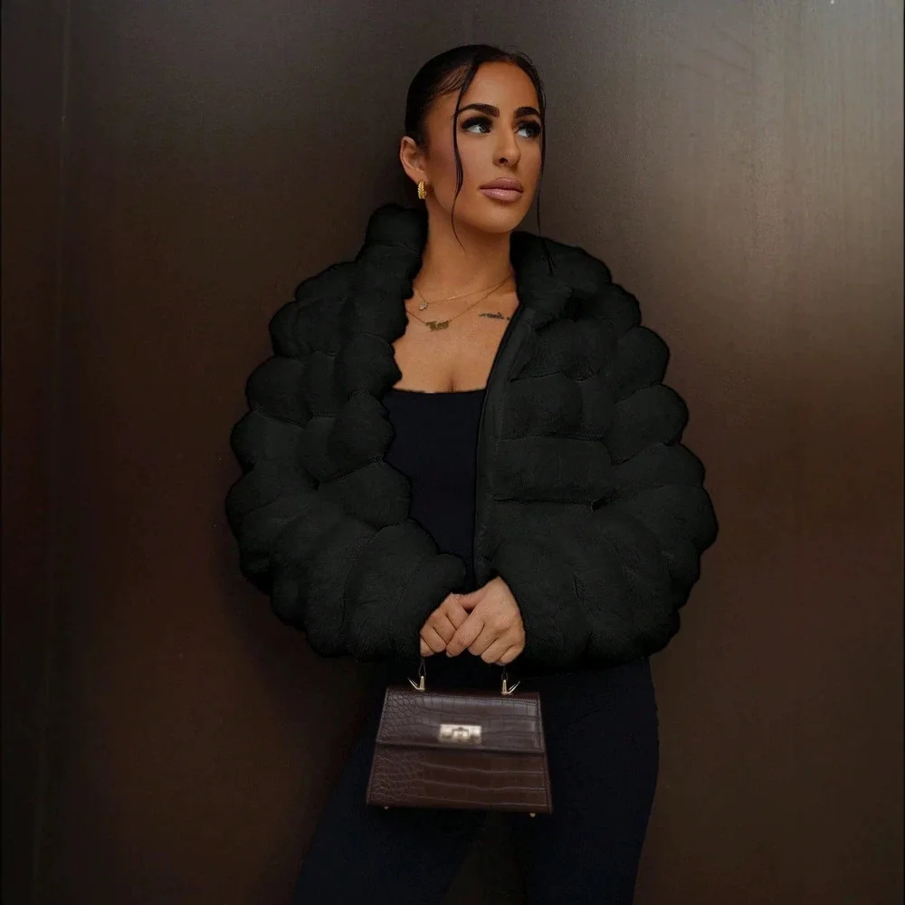 Women Faux Rabbit Fur Coats Solid Short Jackets Long Sleeve Stand Collar Zipper Thick Slim Fit Elegant Casual 2026 Autumn Winter