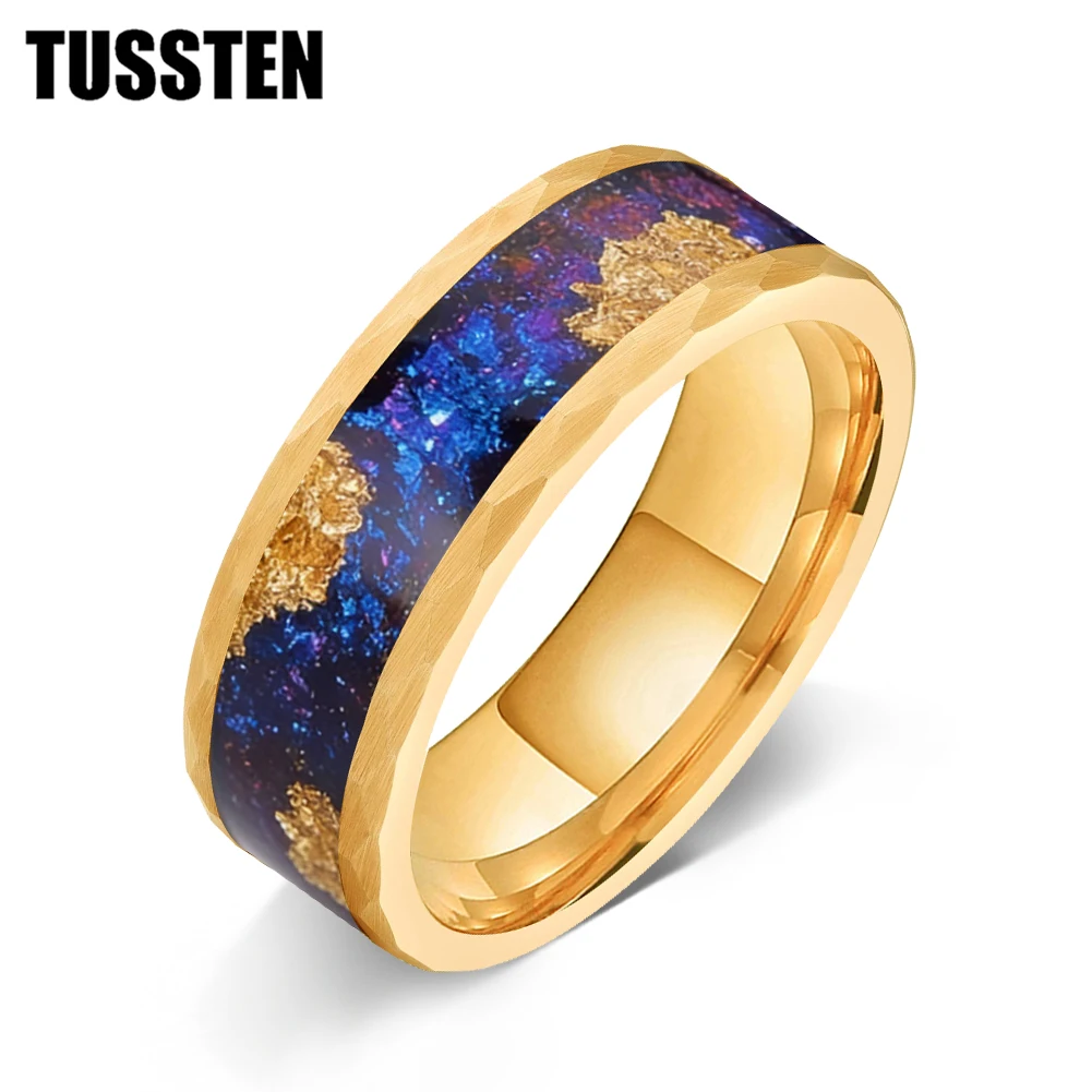 tussten-8mm-ハンマードタングステンリング-メンズ-レディース-オリオン星雲と金箔象嵌-婚約結婚指輪