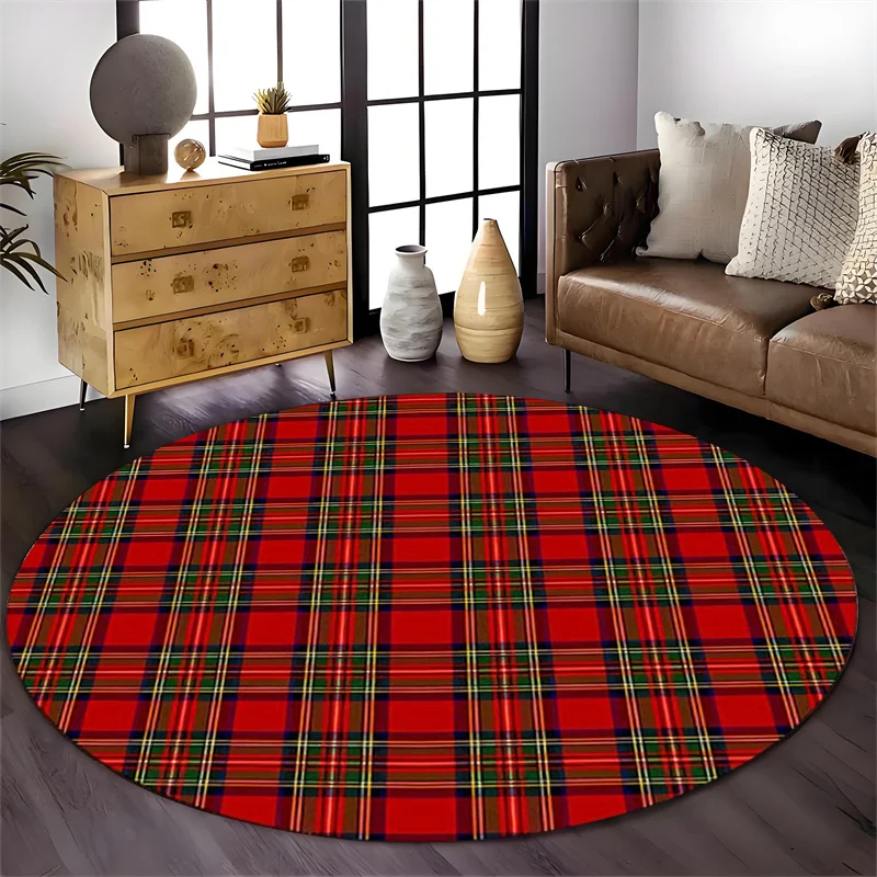 Christmas Round Decorative Doormat Plaid Tree Reindeer Snowflake Candle Bauble Floor Mat for Living Room Home Holiday Decor