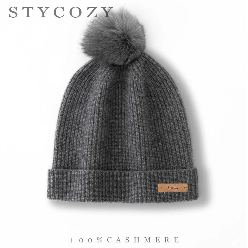 Women Men100%Cashmere PomPoms Knit Beanie Hat Understated Winter Warm Vertical Ridge Cuff Thick Skull Cap Daily Commute Headwear