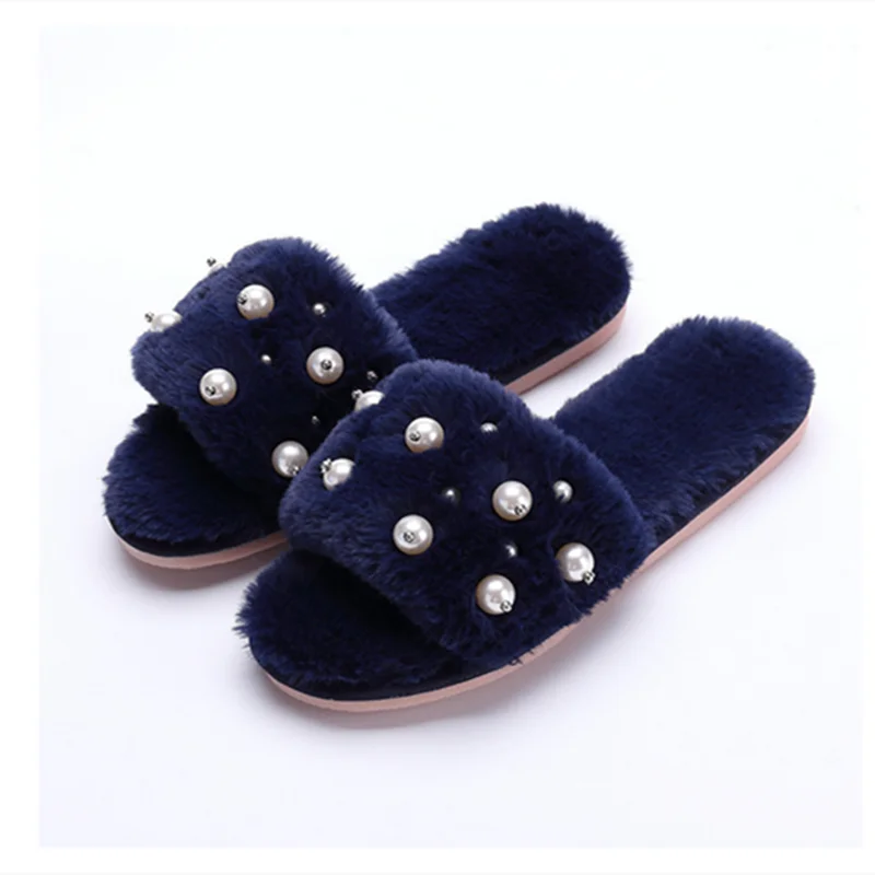 

Women Slides Mules TPR Soft Sole Home Bedroom Flat Comfortable Winter Slippers Front Open Toe Shoes Imitation Rabbit Hair Pearl