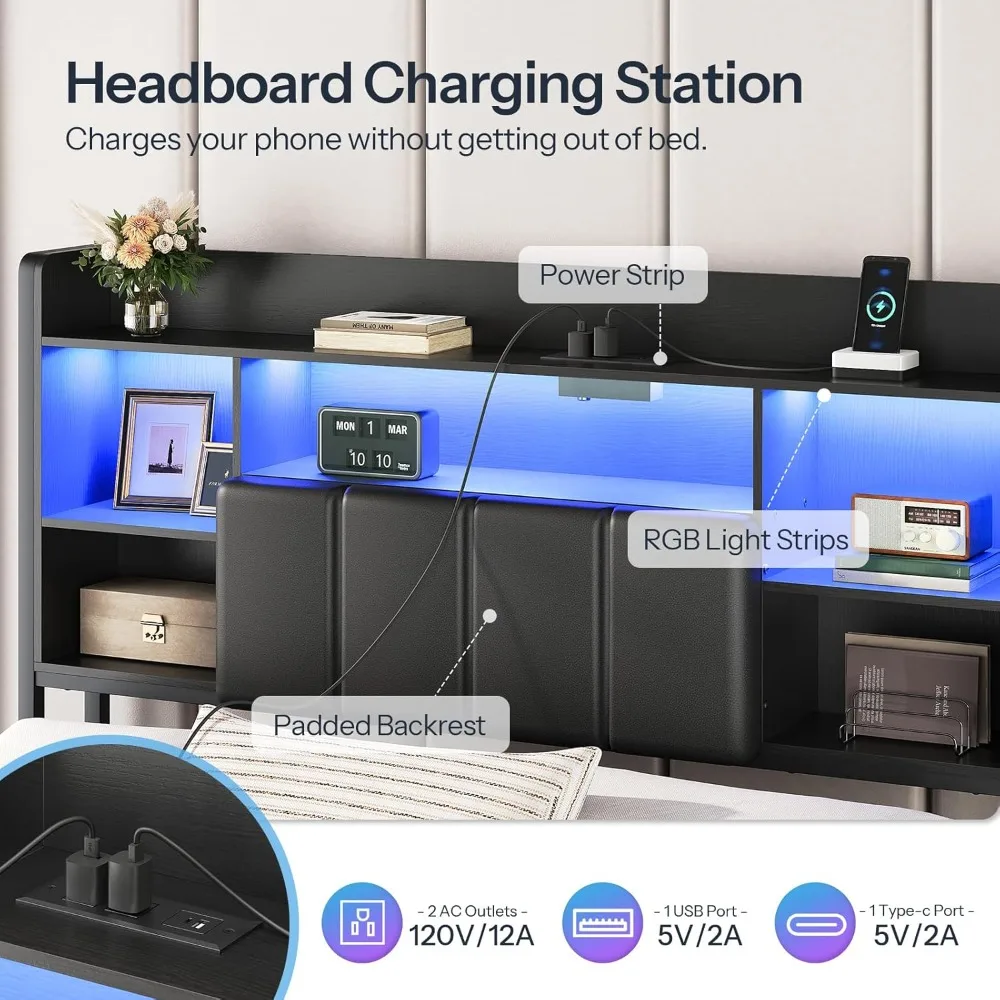 هيكل سرير كامل الحجم مع لوح أمامي، هيكل سرير عائم مع مقبس طاقة وأضواء LED، لوح رأسي مبطن بالكامل #6