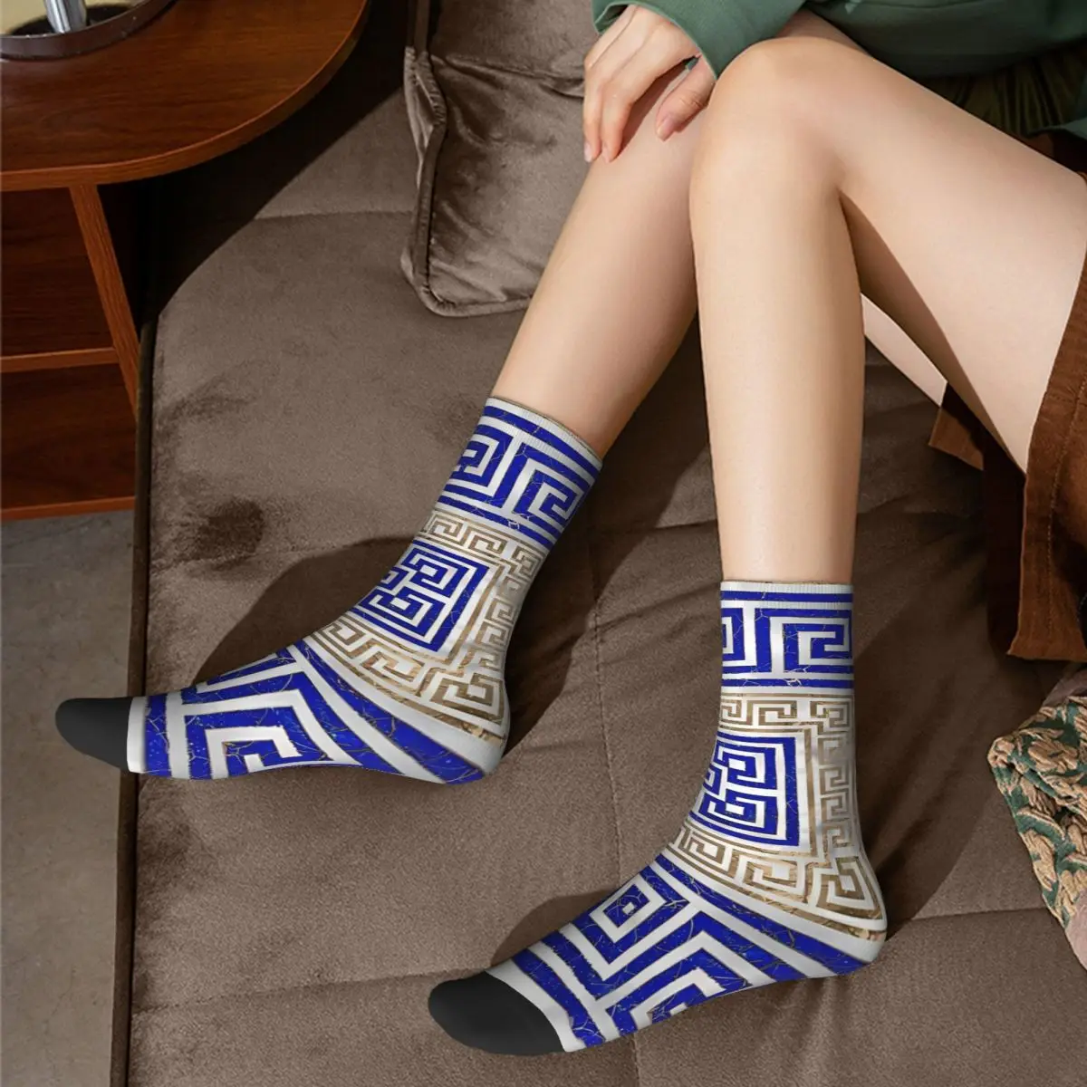 Lapis Lazuli And Gold Greek Key Ornament Meander Kawaii Socks Travel Cartoon Pattern Socks