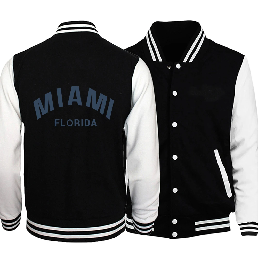 

Miami Florida Letter Printing Jacket Autumn Casual Men Baseball Suit O-Neck Pocket Coats Loose Warm Comfortable Neutral Clothes