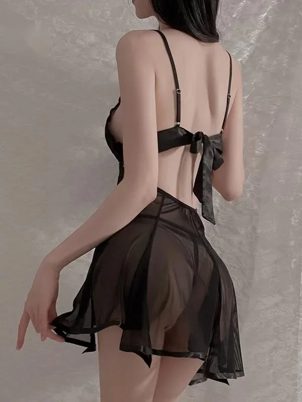 Gauze Perspective Sexy Transparent Temptation Fluffy Skirt Sweet Girl Backless Suspender V-neck Irregular Dress Elegant New H541