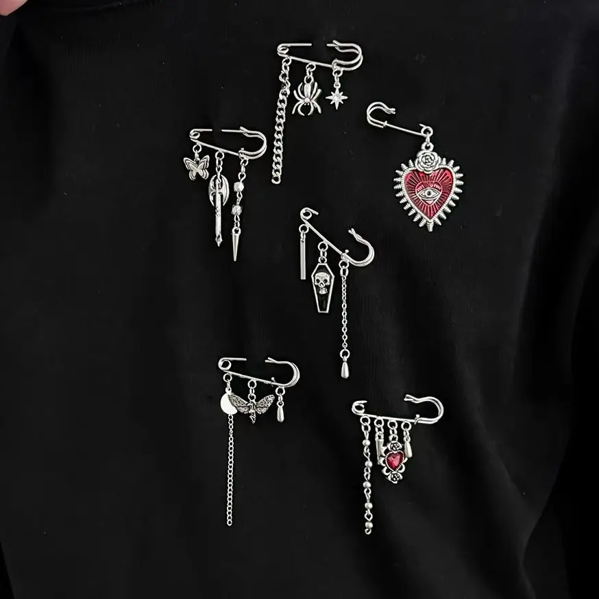 IngeSight.Z 6Pcs/Set Goth Heart Crystal Silver Color Spider Moth Pendant Brooch Men Halloween Clothes Jeans Suit Pin Jewelry