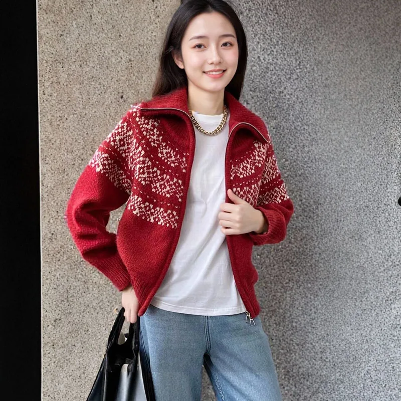 

Korean retro lazy style lapel Fair Isle jacquard cardigan, warm loose sweater jacket for autumn and winter
