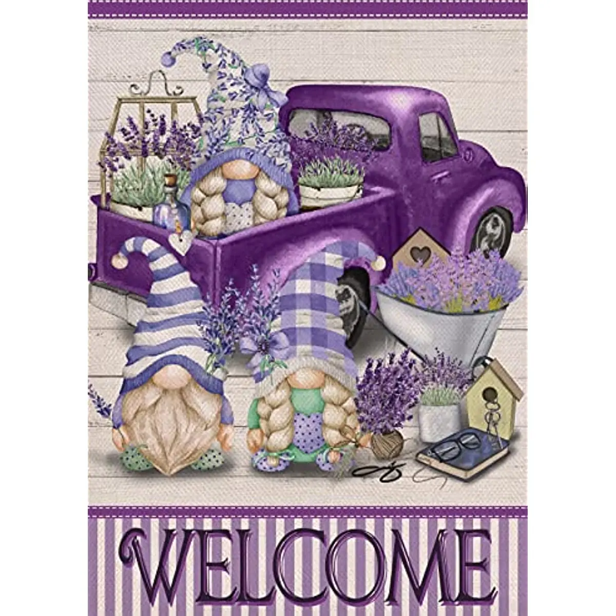 

Welcome Spring Gnomes Pickup Truck Lavender Flower Decorative Garden Flag, Purple Stripe Floral Arrangement House Yard