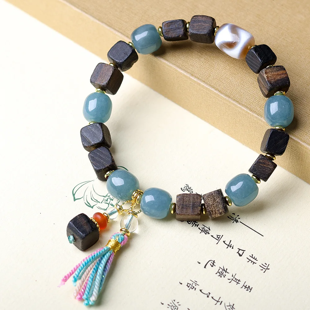 

Original Square Beads Paired with Blue Water Jade Chinese Style Bracelet and Cultural Play Tiger Teeth Tianzhu Bracelet