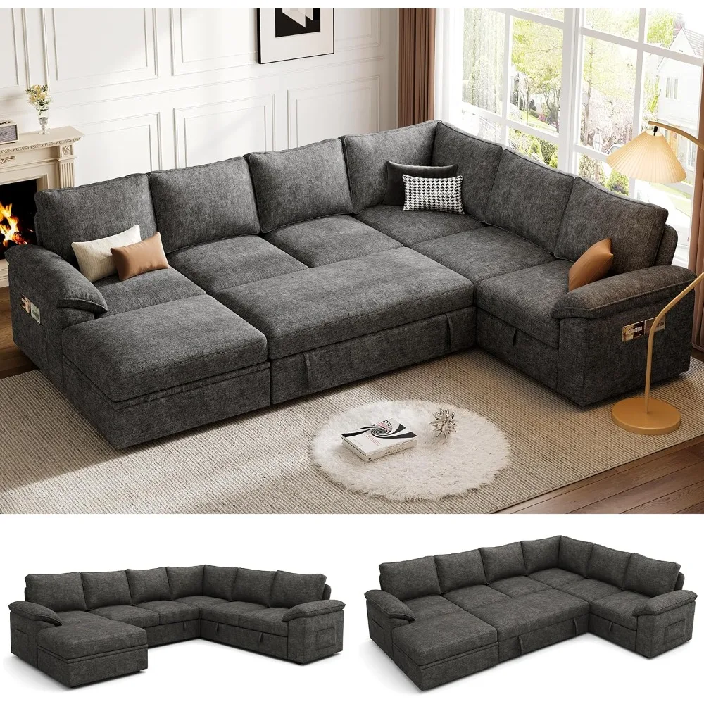

108 Inch Sectional Sleeper Sofa with Pull Out Bed, U Shaped 7 Seat Modular Sectional Sofa