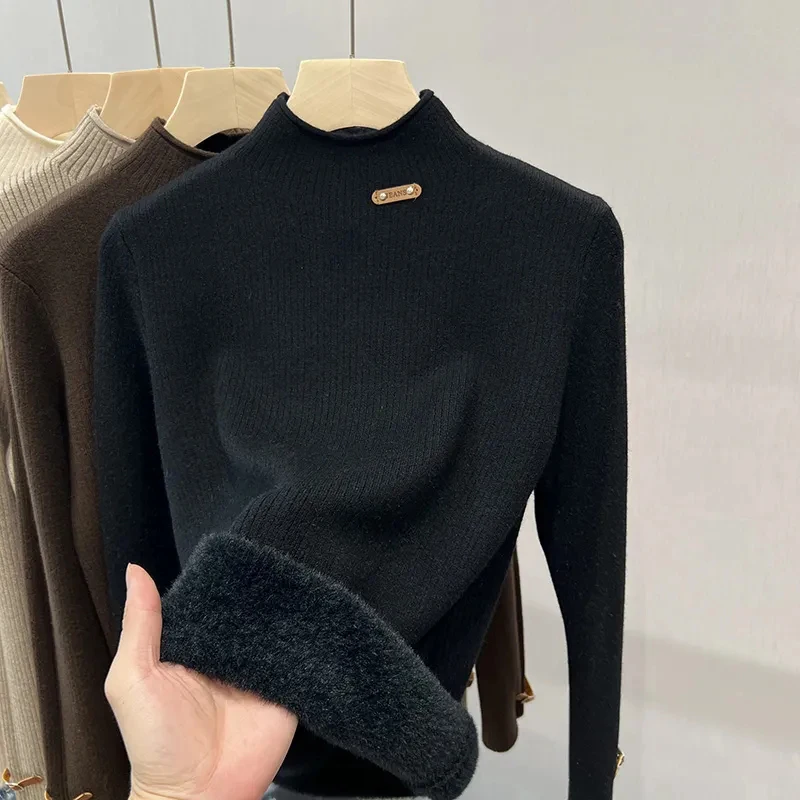 Half High Collar Plus Velvet Slim Warm Pullover Sweater Women Solid Color All-match Soft Knitted Sweater Korean Fashion Soft Top