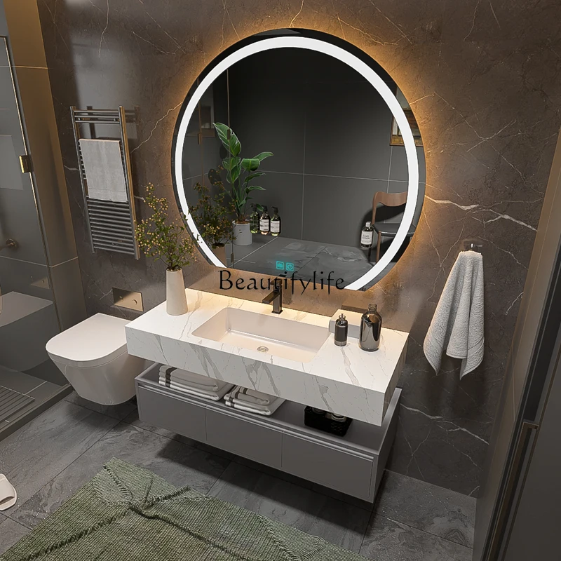 

88.-Bathroom Cabinet Slate Integrated Basin Light Luxury Cream Wind Solid Wood Toilet Wash