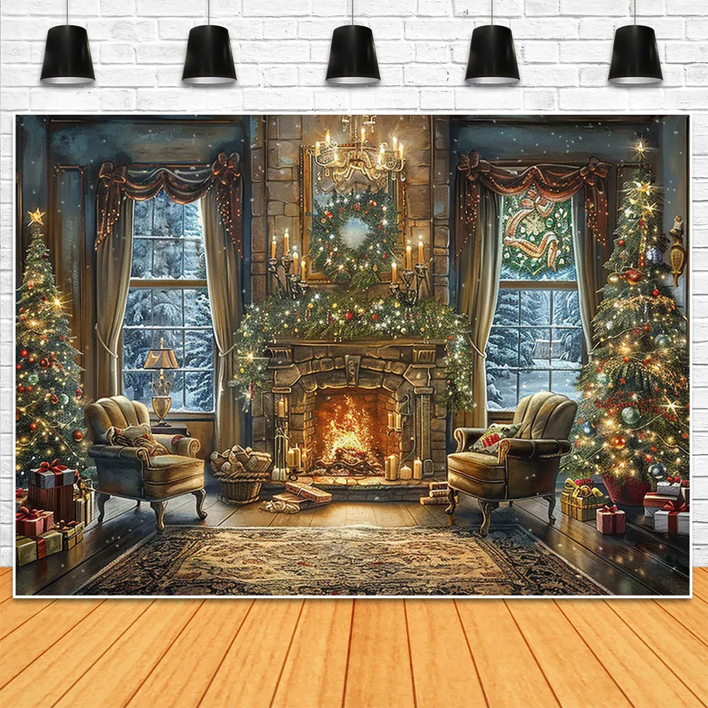 Mocsicka Christmas Family Portrait Photo Background Fireplace Xmas Tree Garland Indoor Festival Photography Backdrop Shoot Props