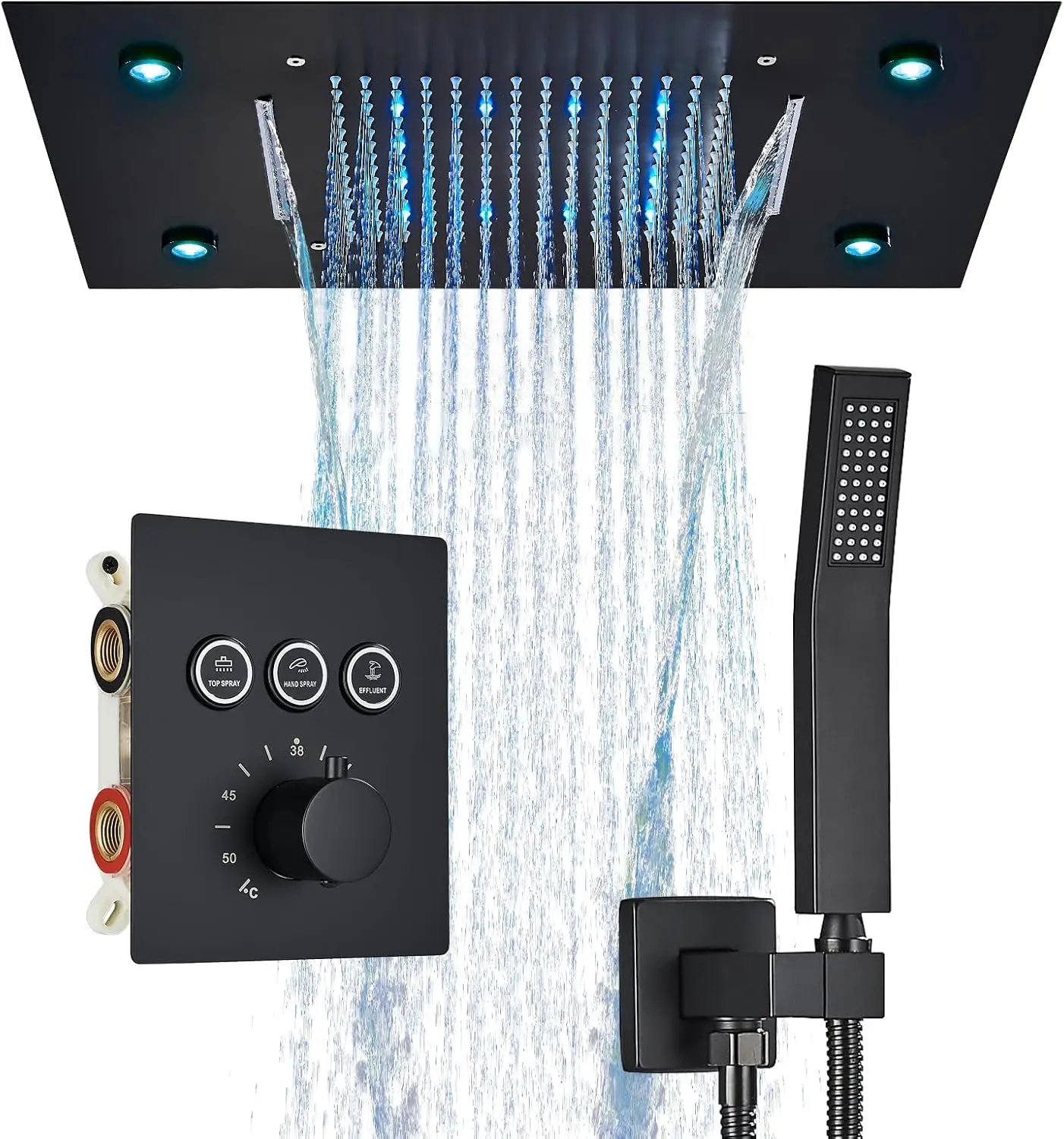 Thermostatische mixers Badkamer Douchekraan Set Led Regenwaterval Bad Douchesysteem Afstandsbediening Kleuren Plafondmontage