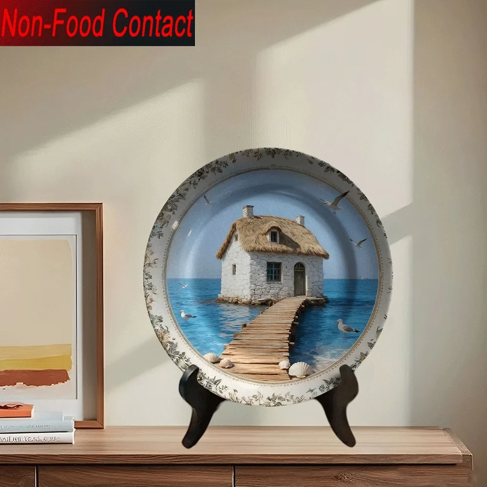 1pc Mediterranean Ceramic Decorative Plate - Spanish House & Seagull Design Round Wall/Tabletop Art, Non- Ceramic Dish for Home
