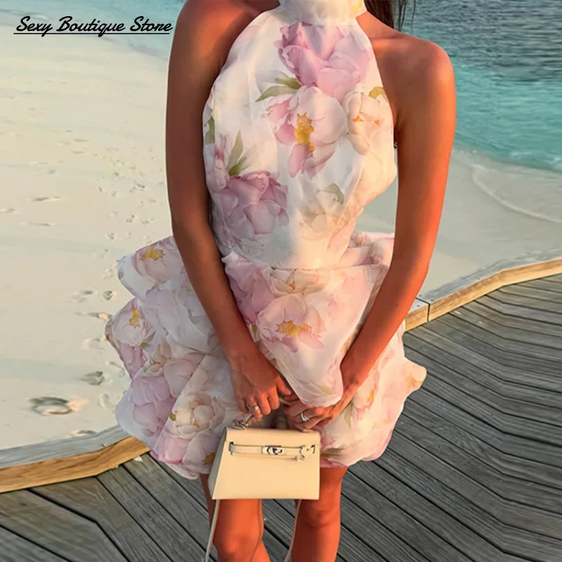 O Neck Floral Printed Short Dress Backless Sleeveless Hem Stacking Dresses  A Line Vestidos 2025 New Lady Party Dresses Gowns