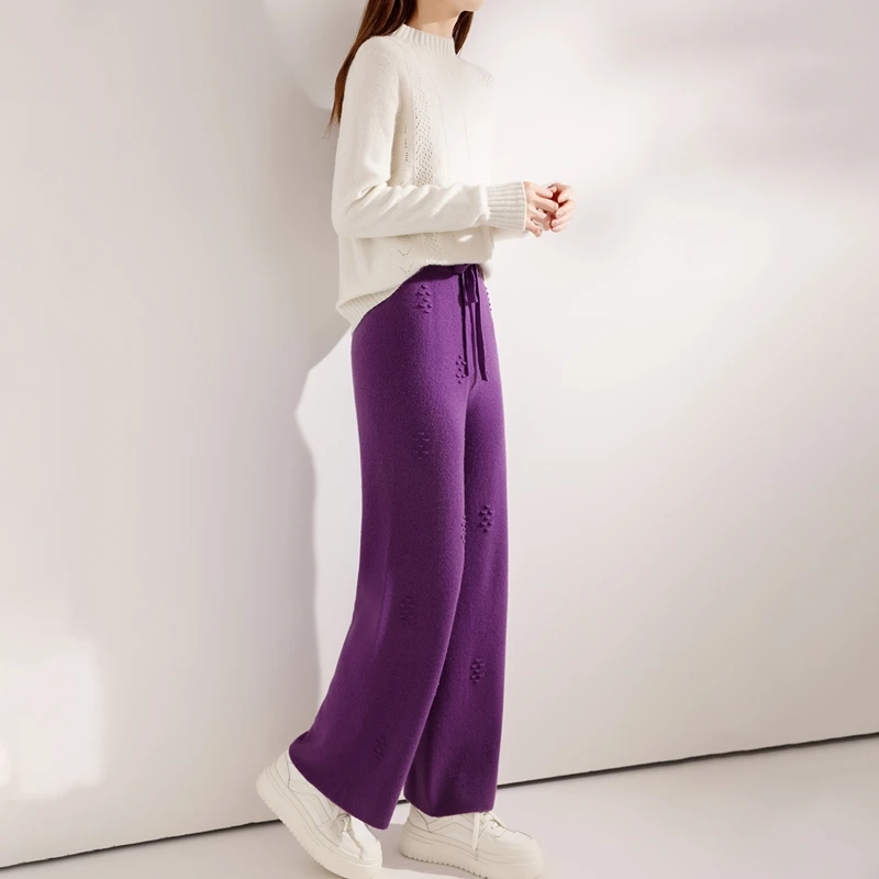 New Chic Women Pure Wool Pants Autumn Winter Wide Leg Pants Full Length 100% Merino Wool Knitwear Basic Simple Trousers Korean