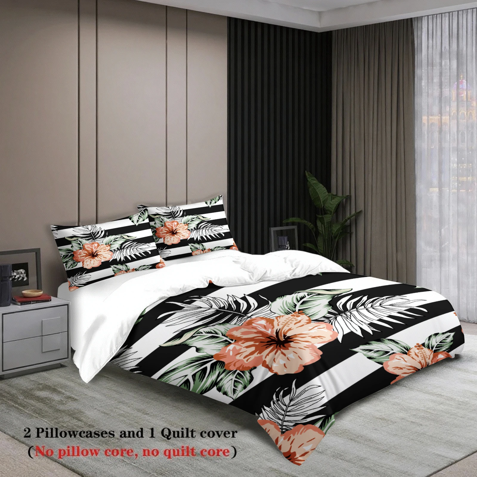 3pcs Zebra Print Bedding Sets 3D Printed Red Hibiscus Flower Duvet Cover Sets With Pillowcases No Filling
