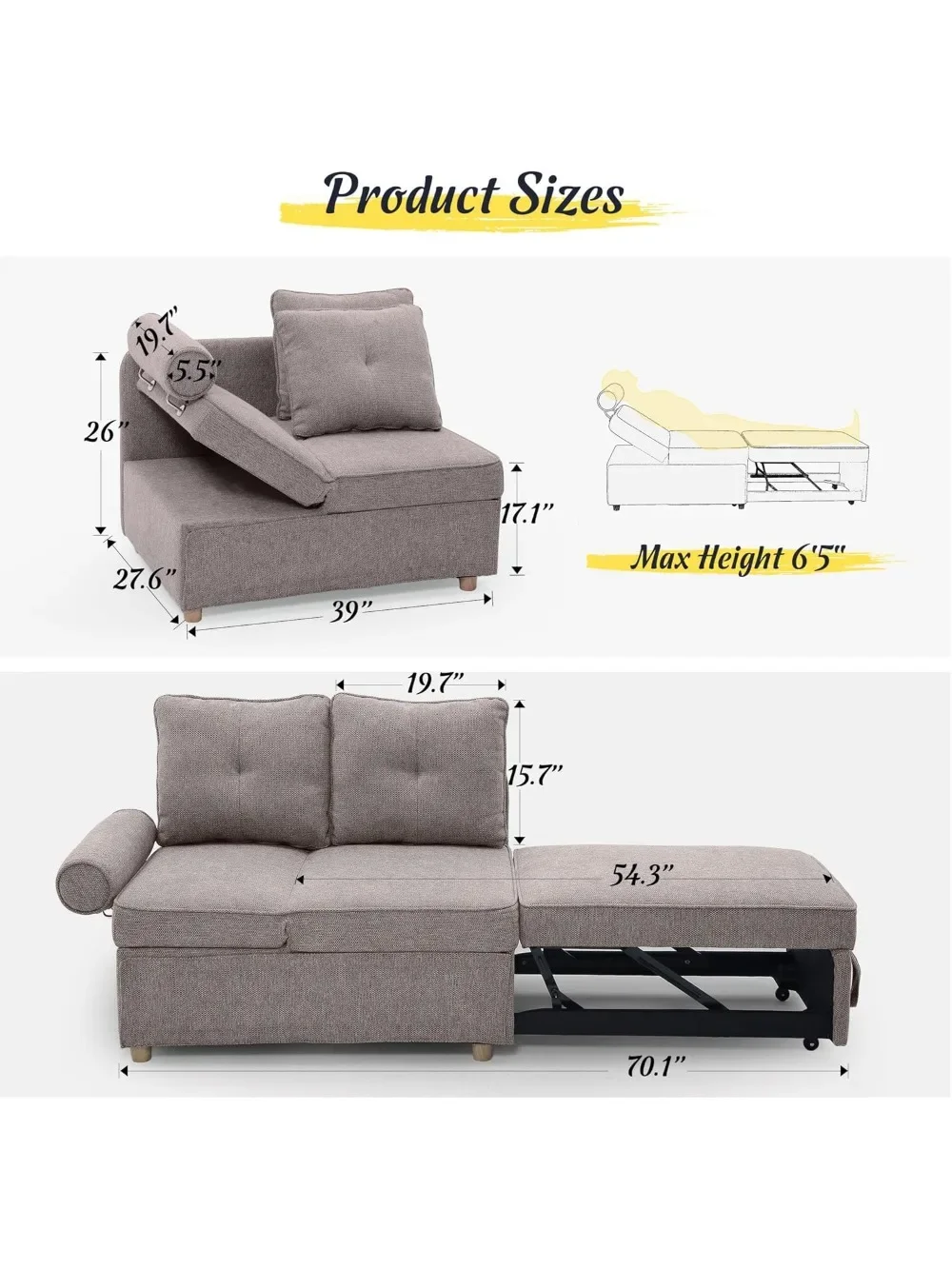 Sleeper Sofa Bed 4-in-1 Convertible Couch, Linen Fabric Love seat Couch with 2 Throw Pillow, Single Recliner for Small Space