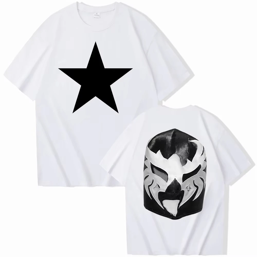 2026 Men Hip Hop Graphic T‑Shirt Front Star Back Mask Print Short Sleeve Oversized Streetwear Cotton Tees