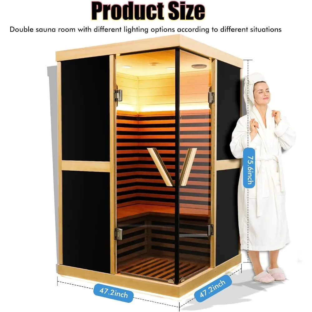 Far infrared sauna, 1980W phototherapy lamp, Canadian fir wood, 2-3 people, home with Bluetooth speaker, indoor dry sauna