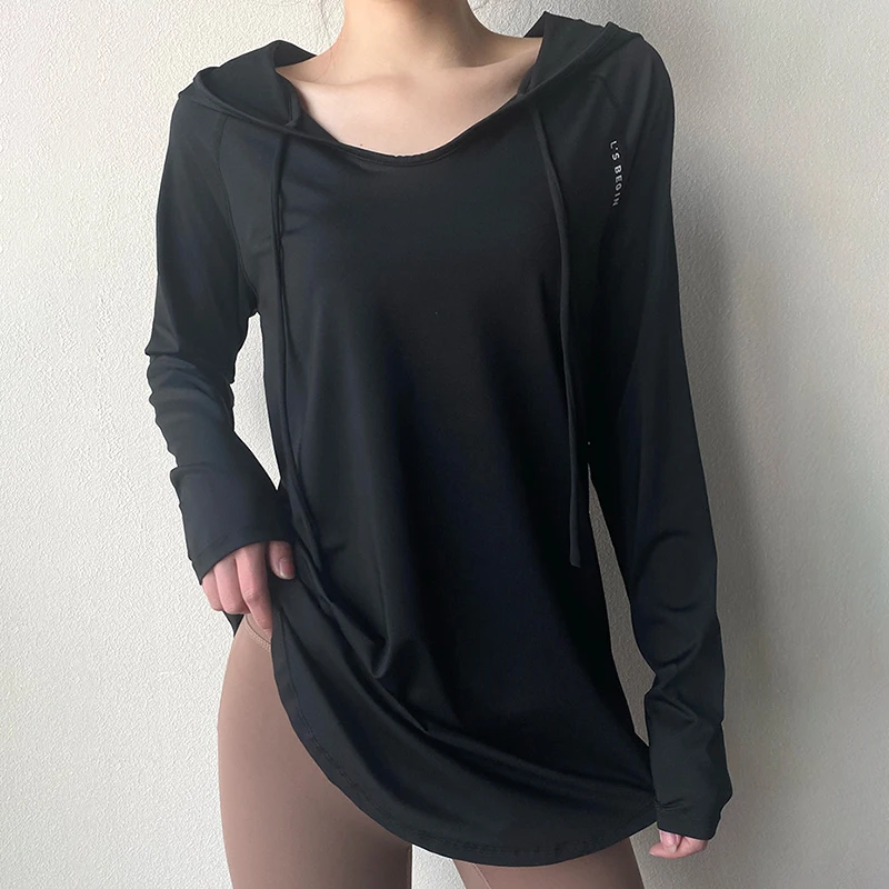 Long Sleeved Women Gym Clothing Solid Yoga Shirts V-neck Sports Top Fitness Hooded Tops Gym Training Shirts Female Sportswear