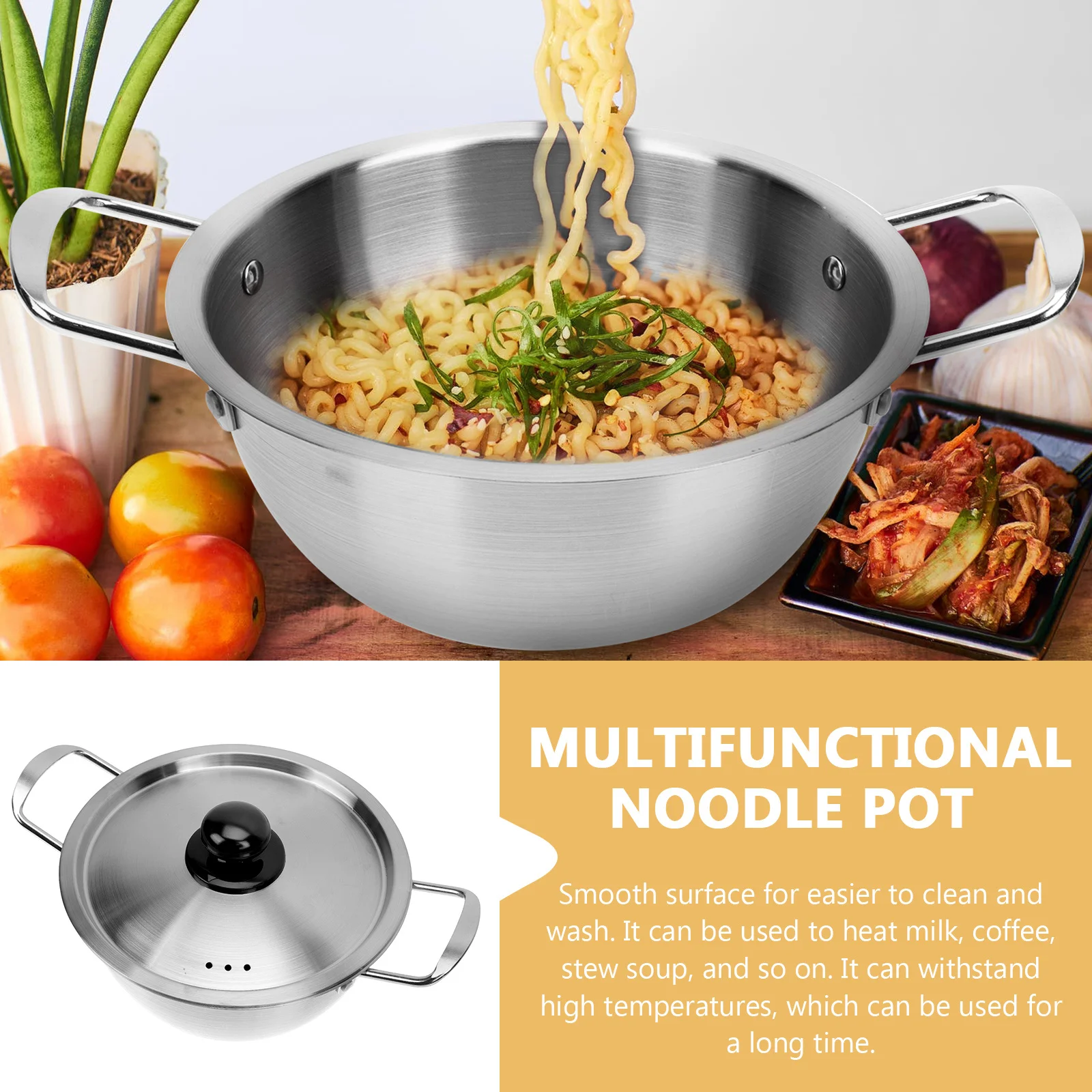 

1 set 1 Set Stainless Steel Instant Noodle Pot With Lid Double Handle Korean Ramen Pot Non Stick Soup Cookware For Milk Seafood