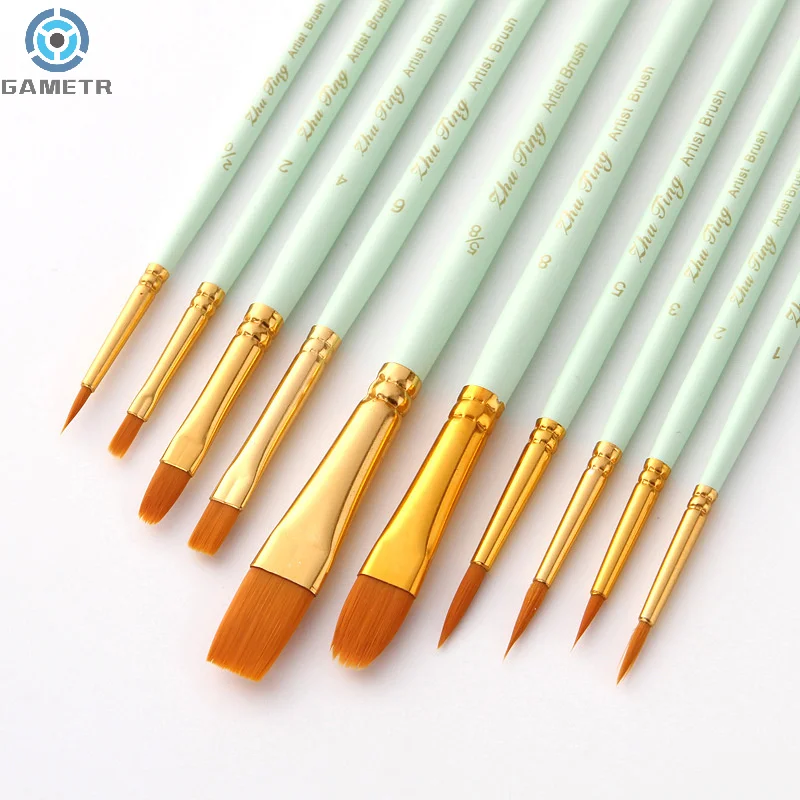 10Pcs/Set Nylon Hair Painting Brush Painting By Numbers Tool Brushes Watercolor Gouache Paint Brushes Different Shape Round Tip