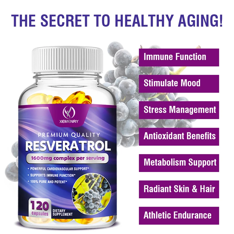 Resveratrol Capsules - Support Cardiovascular Health, Antioxidants, Improve Immunity, and Promote Smooth Skin