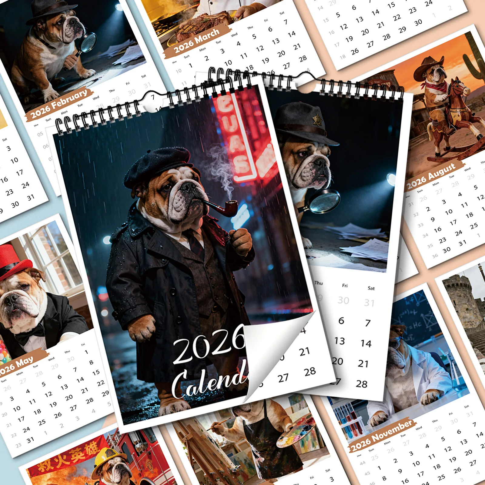 1PC 2026 탐정 스타일 불독 달력, 장식용으로 적합하며 복고풍 스타일 애호가에게 이상적이며 창의적인 선물이 됩니다.