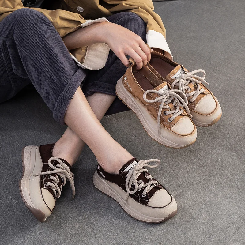 2026 3.5cm Cow Suede Genuine Leather Round Toe Pumps Pumps Loafer Platform Wedge Flats Elthnic Retro Comfy Shoes Women Lace Up