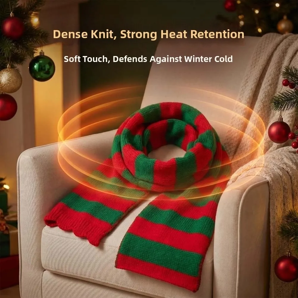 Thermal Yarn Christmas Hat Scarf Striped Pattern Bright Colors Xmas Beanie Snowflake Print Pom Knitted Holiday Scarf 4