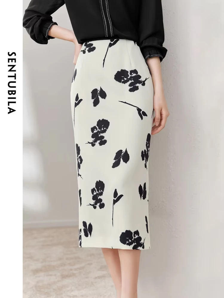 SENTUBILA Elegant Floral Pencil Skirts for Woman 2024 Autumn Office Ladies Midi Slit Print Skirt Women Simple Clothing M33Q50195