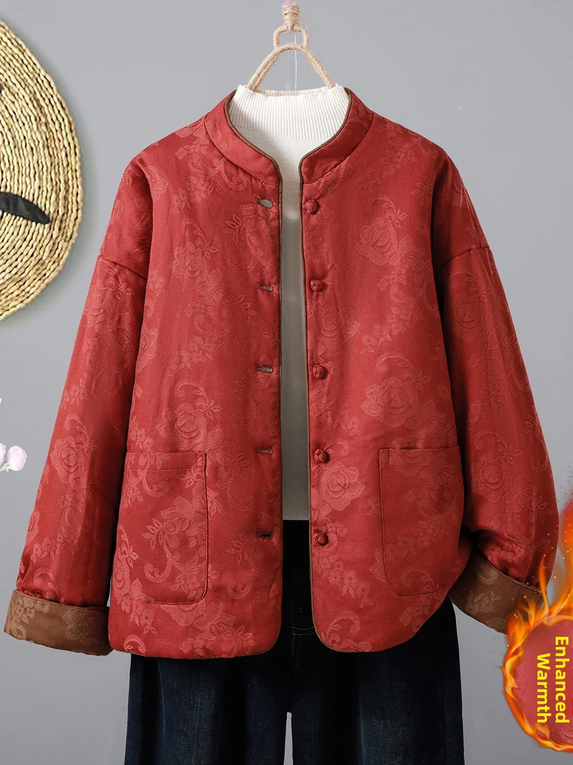 

Red Cotton Jacket Women's Winter Style Stand Collar Double-Sided Wear Thermal Short Outerwear Chinese New Style Tang Costume