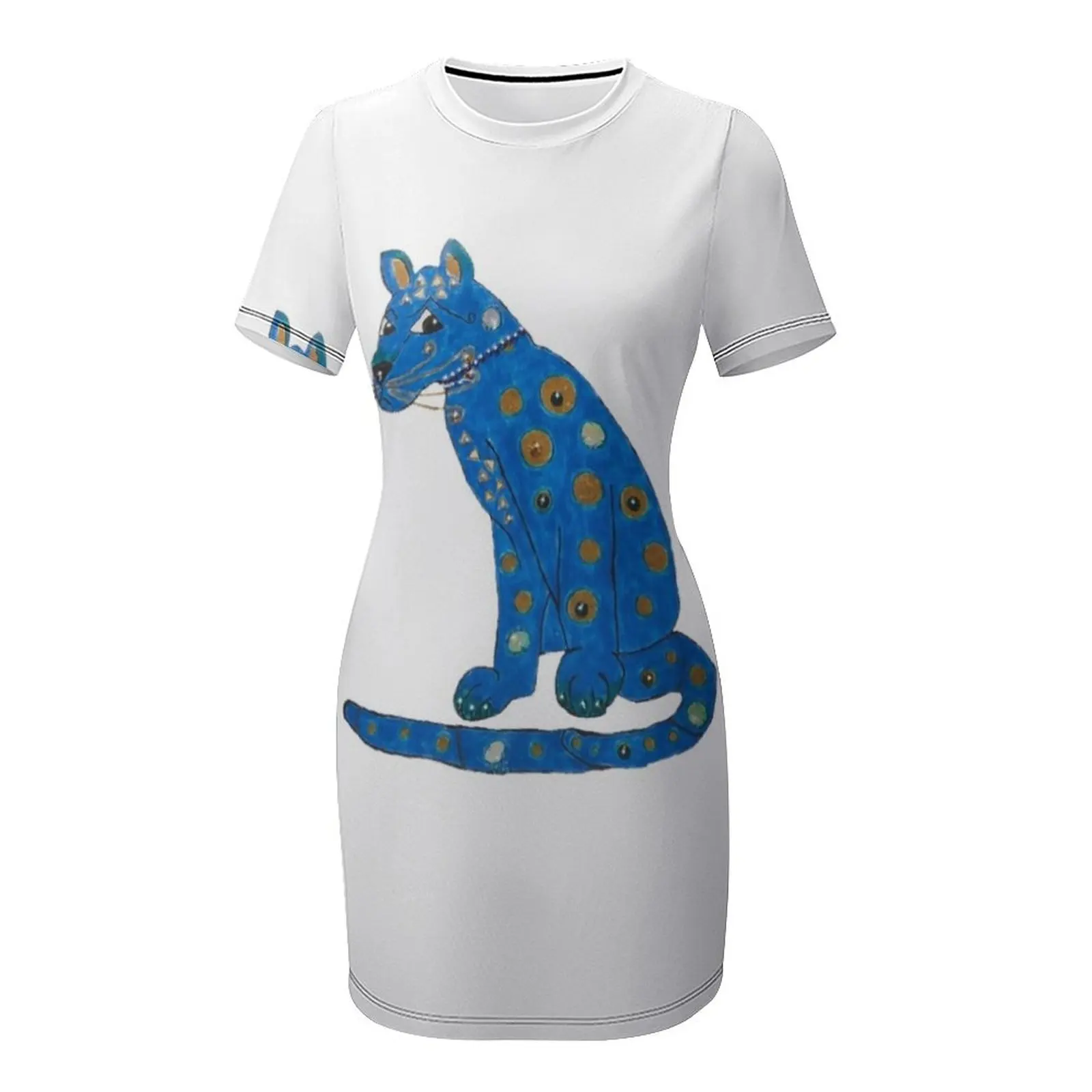 ชุดเดรสแขนสั้นลายแมวสีฟ้า ชุดเดรสผู้หญิง ชุดราตรี 2025 เสื้อผ้าผู้หญิง ฤดูร้อน 2025 สินค้าใหม่ เสื้อผ้าผู้หญิง ชุดเดรส