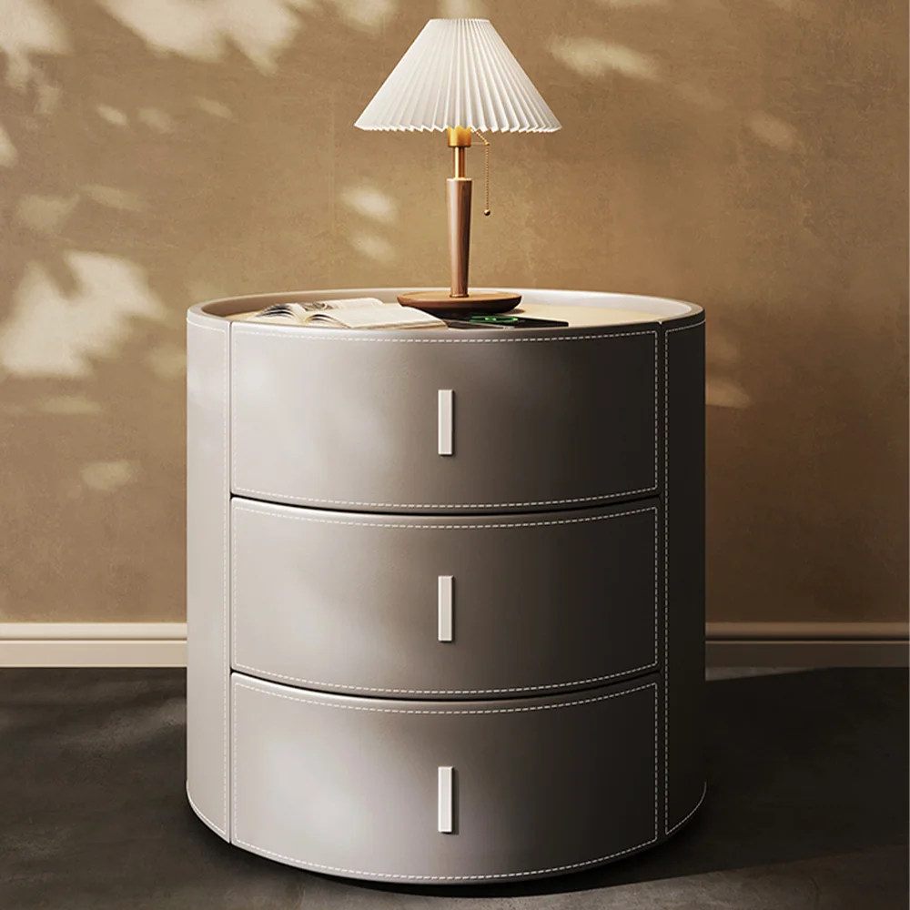 Modern Bedroom Round Design Saddle Leather Bedside Table Luxury Side Table Bedroom Furniture