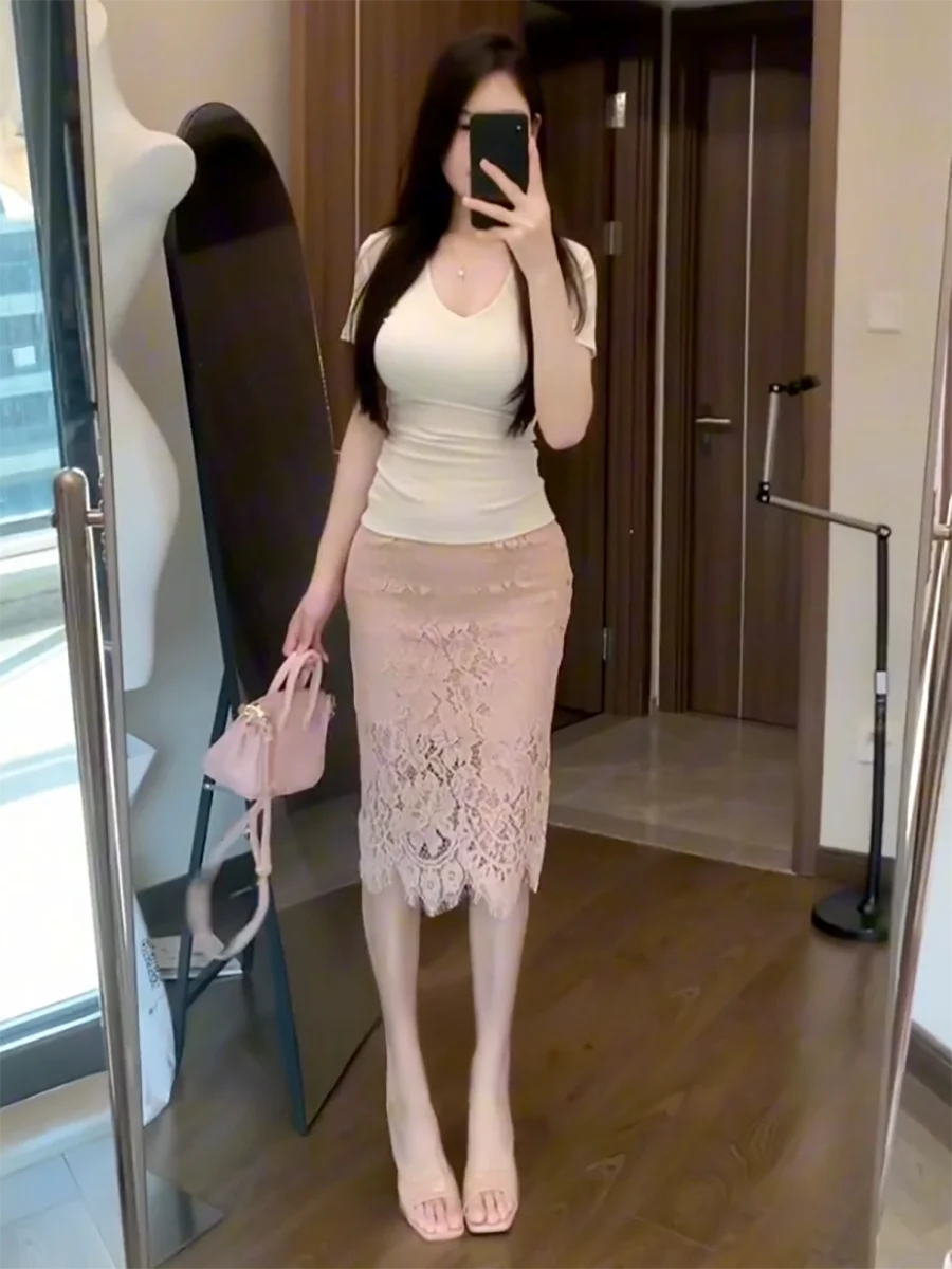 Victorian Love Poem Summer New Korean Style High Waist Lace Half Skirt T-Shirt Set Women's Fashion Casual Pure Color Bodycon ...