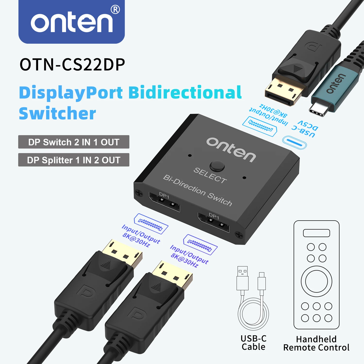 ONTEN DP1.4 Bi-Directional DisplayPort Switch 32.4Gbps 8K@30Hz 1080P@240Hz 2-Way DP Switch With IR Remote For Video Editor Gamer