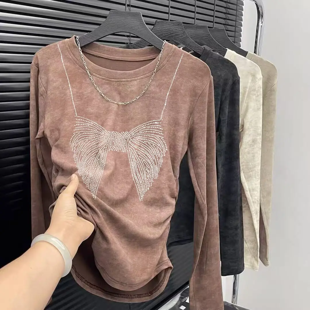 

Tie-Dye American Diamond Long Sleeve T-Shirt Women Spring Autumn Design New Style Slim Fit Round Neck Top