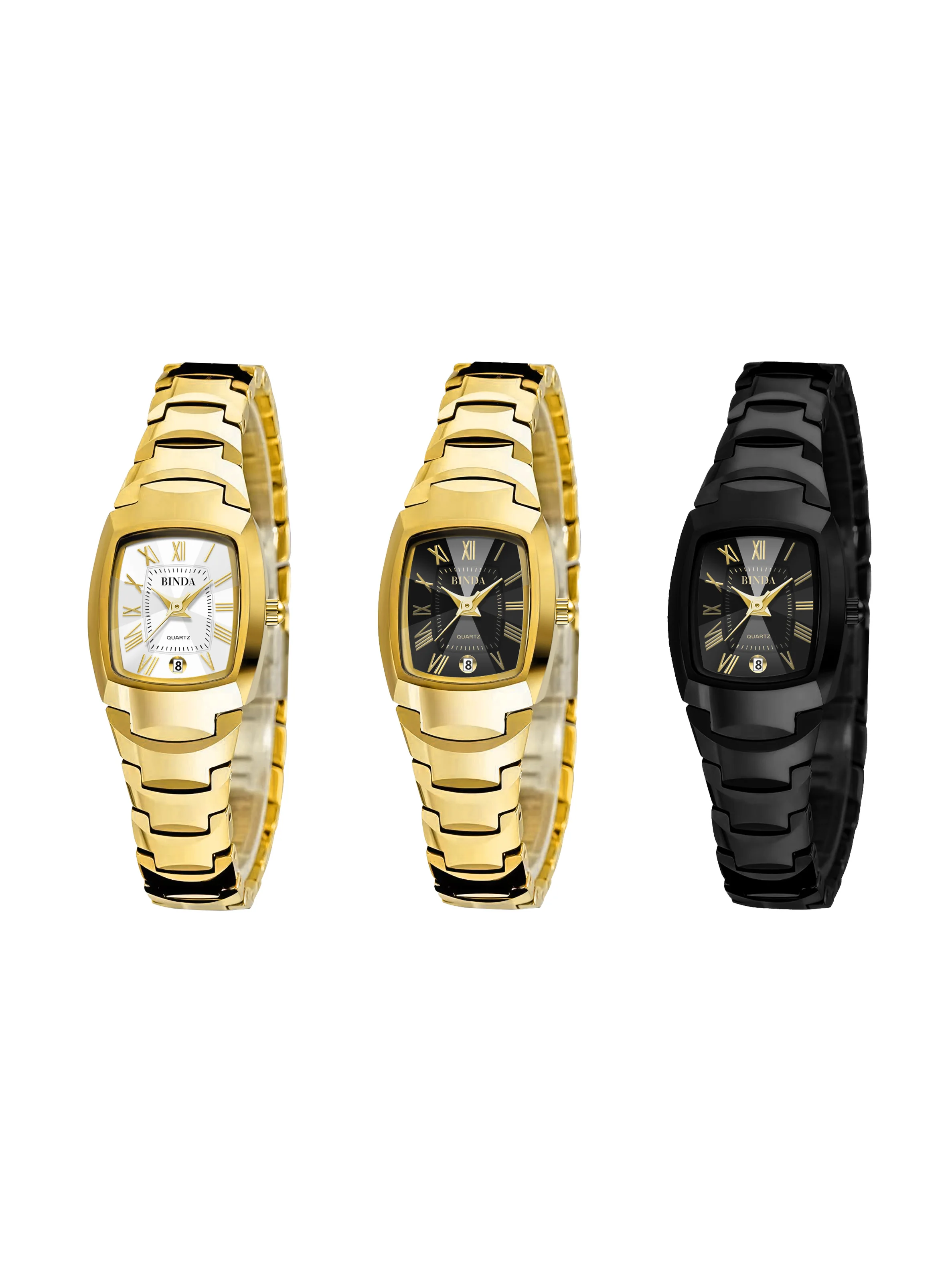 Binda Relógio de quartzo feminino luxuoso dourado e preto, estilo retrô elegante, relógio de pulso com pulseira de negócios da moda