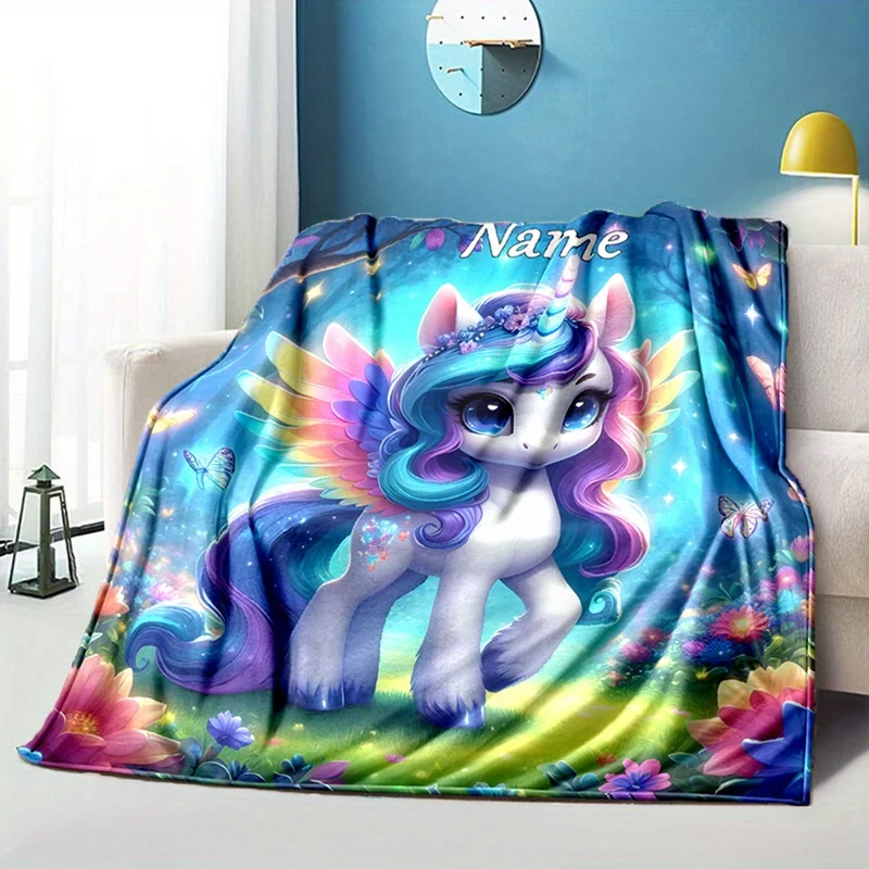 A personalized blanket with unicorn pattern, customizable with soft and warm polyester velvet, digital printing, woven knitting